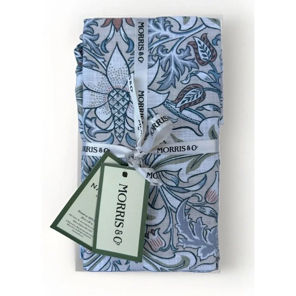 WILLIAM MORRIS & Co Cotton Fabric Napkins Set Of 8 SEVERNE Tan Blue Cream Floral